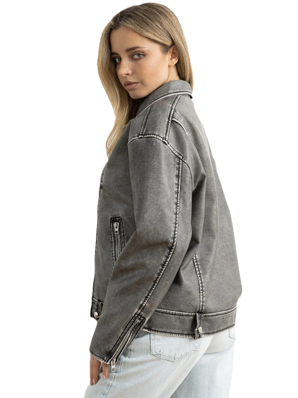 FTLZZ Blouson en Faux Cuir PU Femme, Décontracté, Dame, Revers, Fermeture Éclair, Moto Biker, Vintage High Street