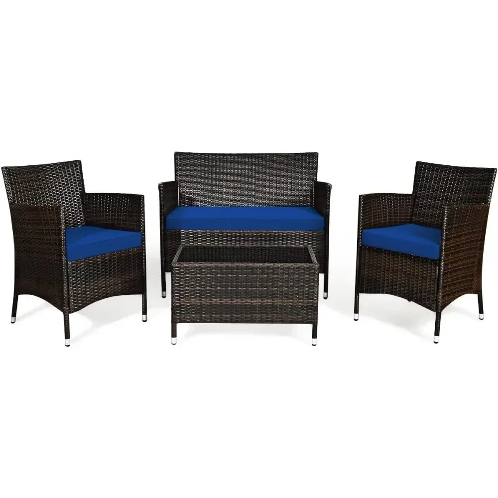 

Patio Rattan Conversation Set, Outdoor Wicker Furniture Set with Tempered Glass Coffee Table &Thick Cushion