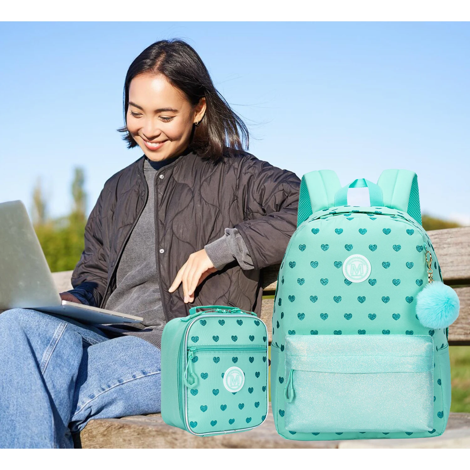 소녀를 위한 배낭 점심 가방과 필통이 있는 귀여운 학교 가방 다목적 여행 데이팟 여성용 경량 배낭