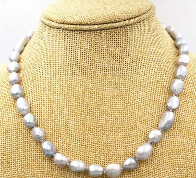 New 8-9MM SILVER GRAY REAL BAROQUE CULTURED PEARL NECKLACE + Earrings 18KGP