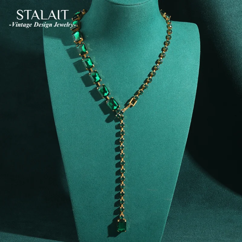 

Vintage Emerald Zircon Long Necklaces For Woman Elegant Rectangle Square Claw Chain Tassel Statement Luxury Designer Jewelry