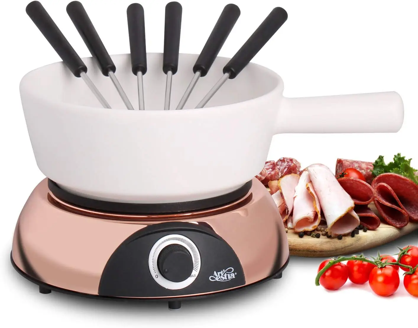 2-QT Electric Fondue Pot for Meat, 1500W Ceramic Chocolate Melting Pot with Adjustable Temperature, 6 Fondue Forks,