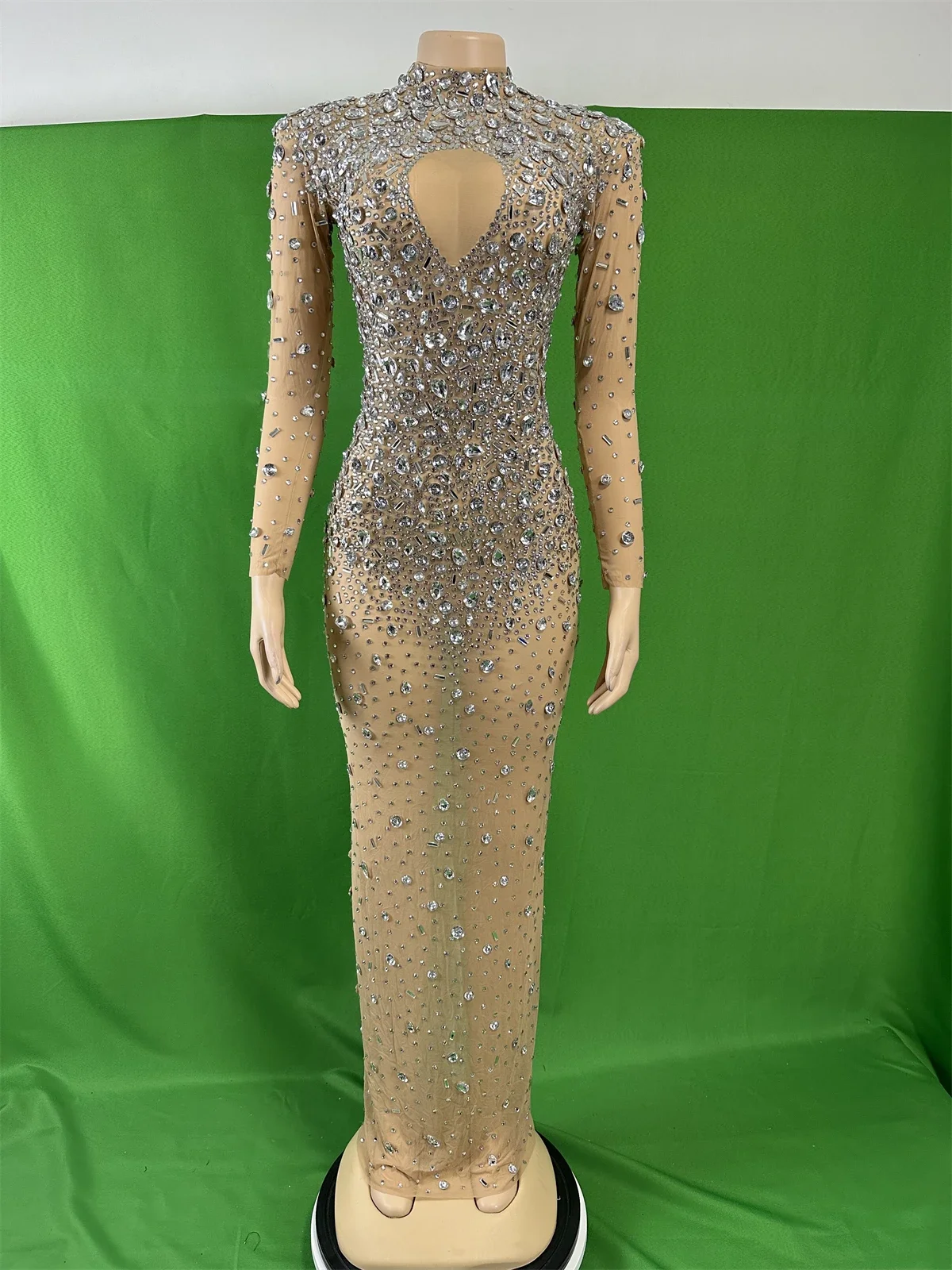 

Stunning See Through Mesh Rhinestone Long Dress Women Birthday Party Queen Performance Wear