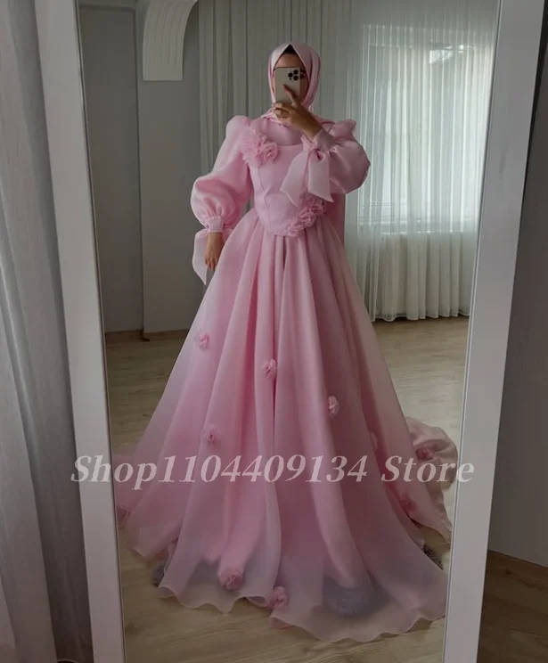 Elegant Pink Arab Bridal Gown Fluffy Muslim vestido novia 3D Floral Long-Sleeved Formal Evening Dress Wedding Gown Customized