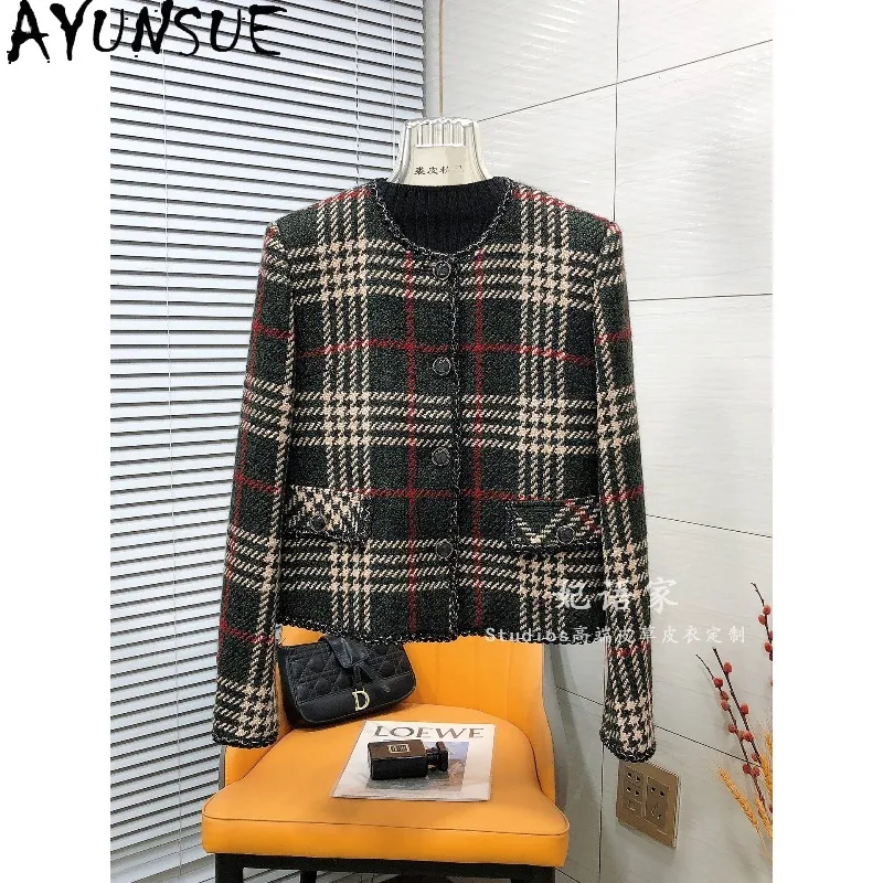 AYUNSUE Woolen Coats for Woman Fashion Short Jacket Woman Light Luxury Plaid Outerwears Commuter Woman Clothes Roupas Feminina