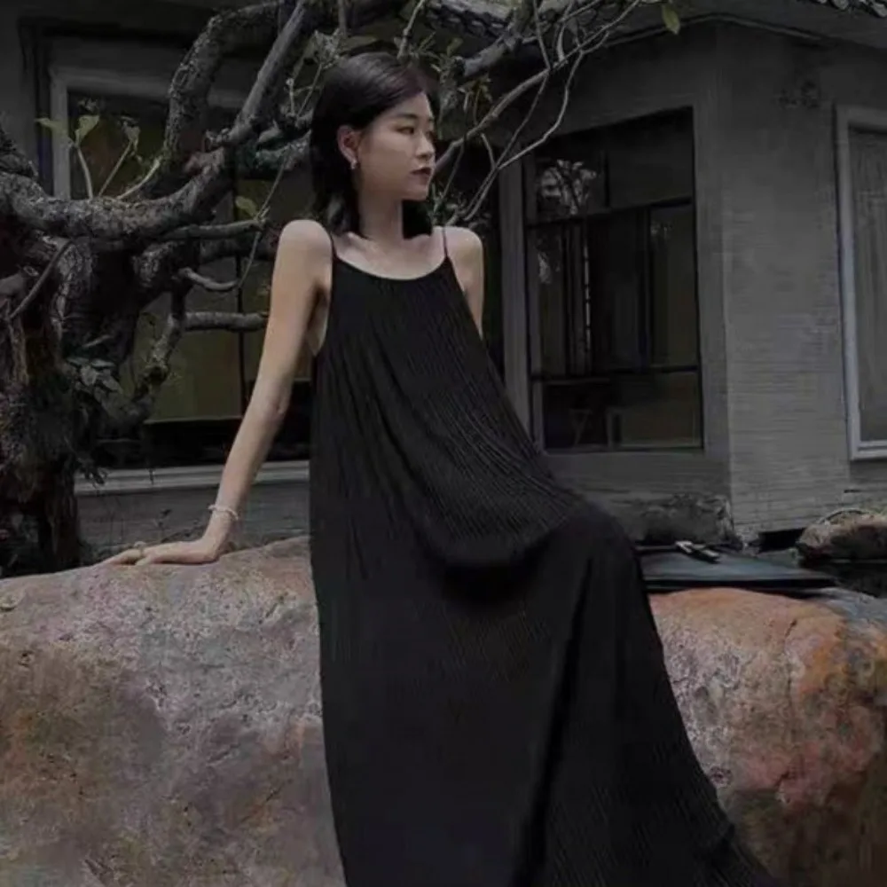 

Fashion A-line Loose Sling Dress Round Neck Solid Color Sleeveless Long Dress Beachwear Beach Vacation Sundress Summer