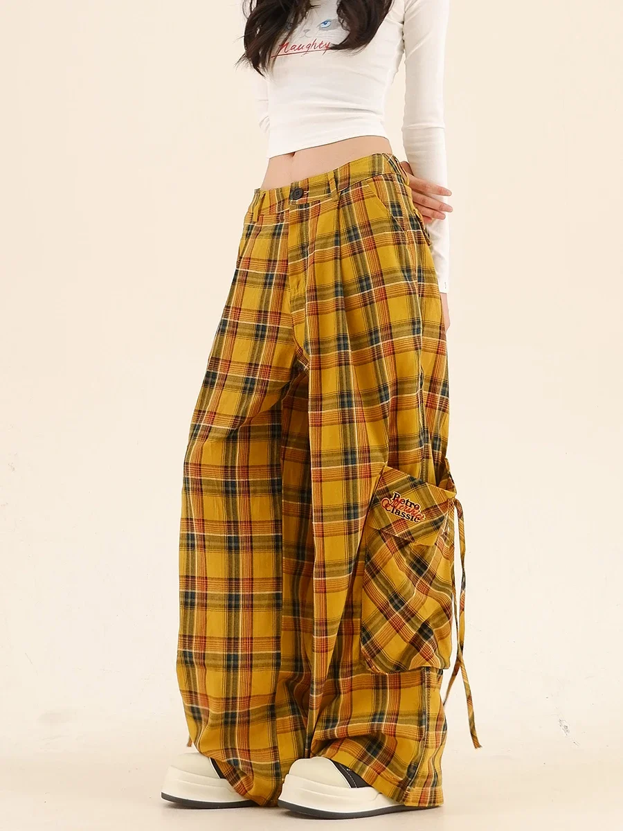 Big Pocket Plaid Strap Casual  2024 Autumn New Loose Bf Korean Version Retro Wide-leg Pants Trousers Women