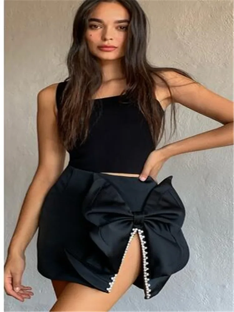 Women Summer Skirt Sexy Designer Bow Tie Black Split Diamonds Crystal Skirt High Street Designer Party Mini Skirts