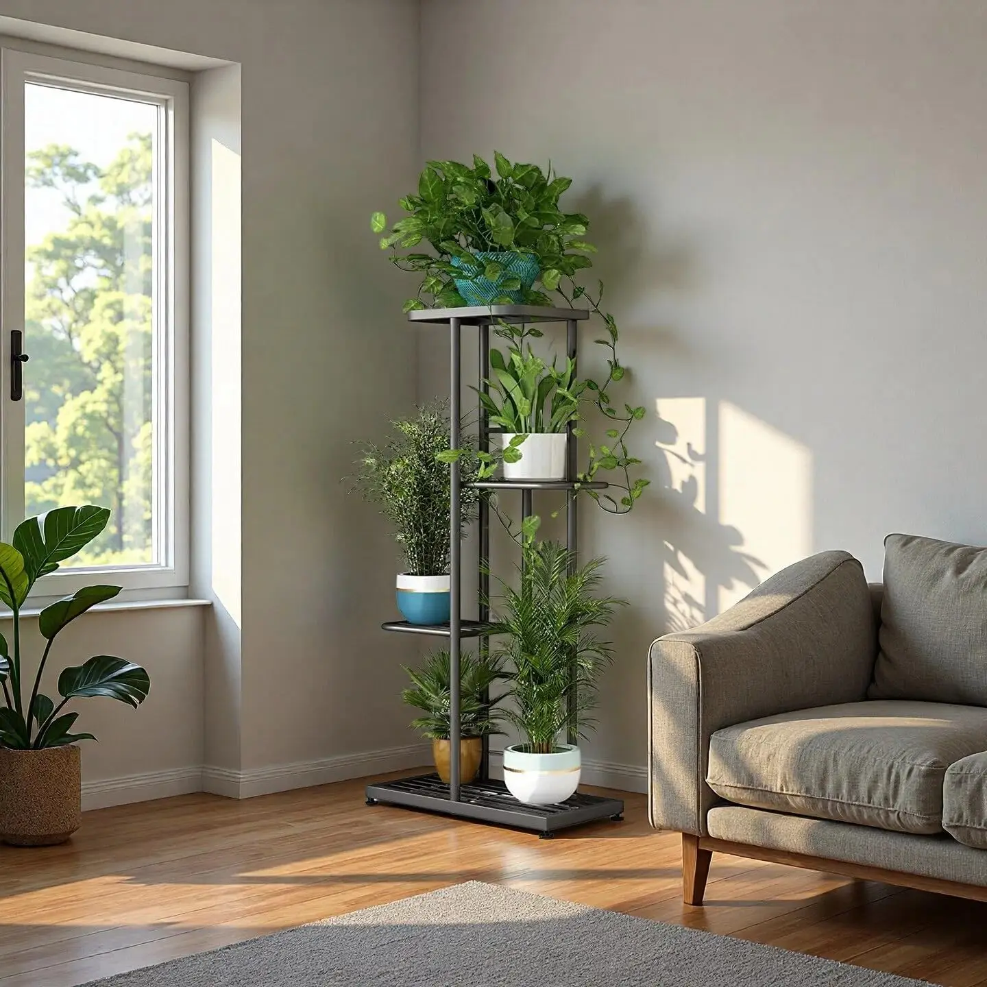 4-Tier Metal Plant Stand for Indoor Outdoor Use, Corner Shelf for Garden Balcony Living Room Patio
