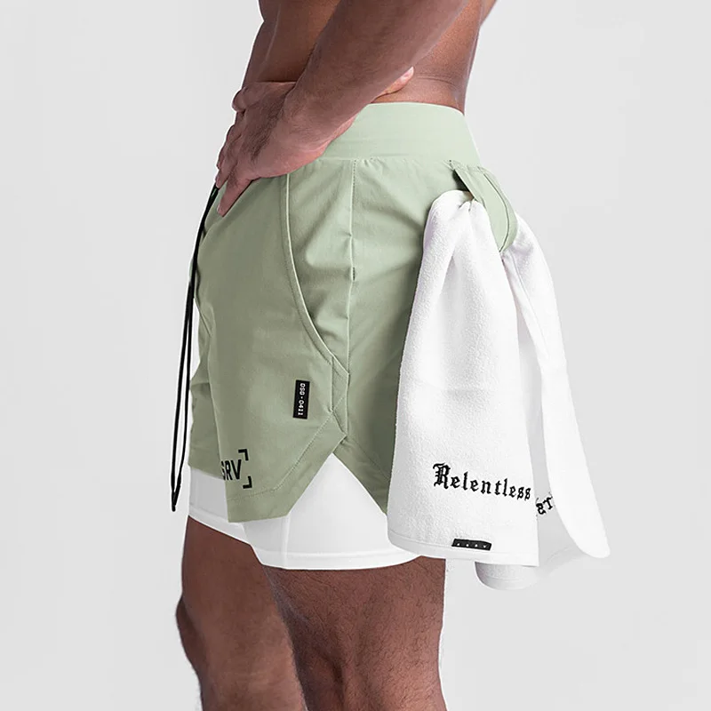 Gym Men's 2 in 1 Quick Dry Shorts Jogging Fitness Training Beach Short Pants Male Summer Sports Workout Bottoms Clothing