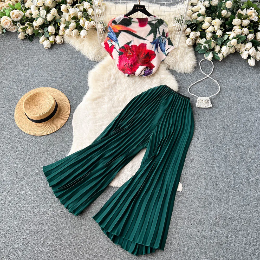 

Fashion Suit Women's Summer French Print Top + Loose Pleated Wide-leg Trousers