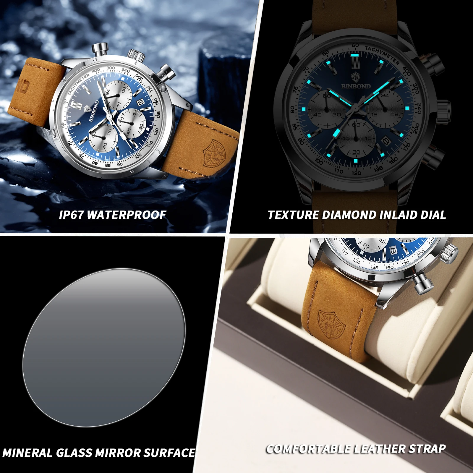 BINBOND B380 ساعة كوارتز جلدية فاخرة للرجال مضيئة مقاوم للماء موضة عادية متعددة الوظائف الموقت رجال الأعمال ساعة