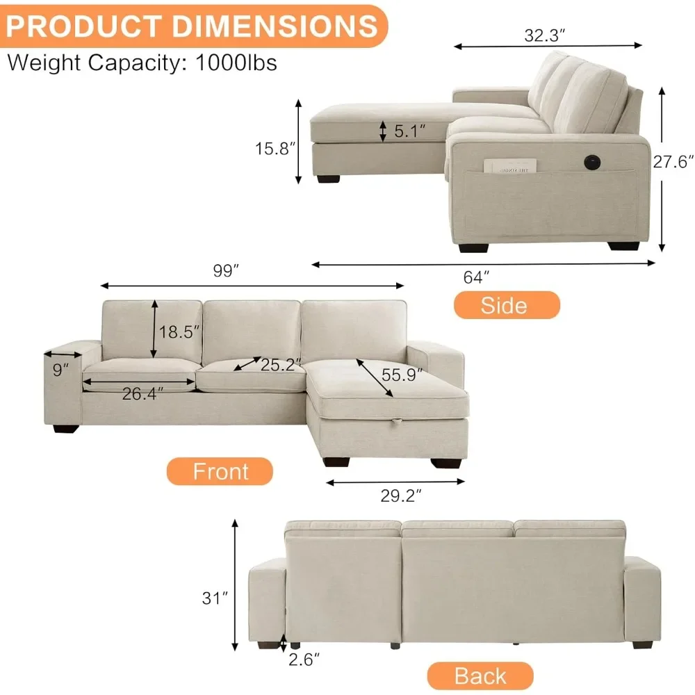 Sectional Sofa Couches for Living Room, L Shaped Couch with Reversible Storage Chaise, Removable Cushion Cover, USB&Type-c Ports