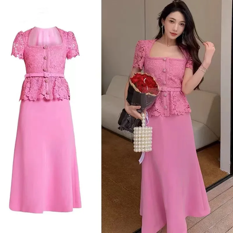 Runway Summer Pink Hollow Out Lace Patchwork Short Sleeve Dress Elegant Women Square Collar Fake Two-Piece Belt Midi Vestidos