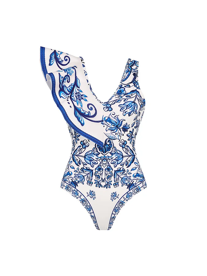 Ruffle Blue And White Porcelain Pattern Majolica Print One Piece Swimsuit And Skirt Or Sarong Women Fashion Swimwear Bikini 2024