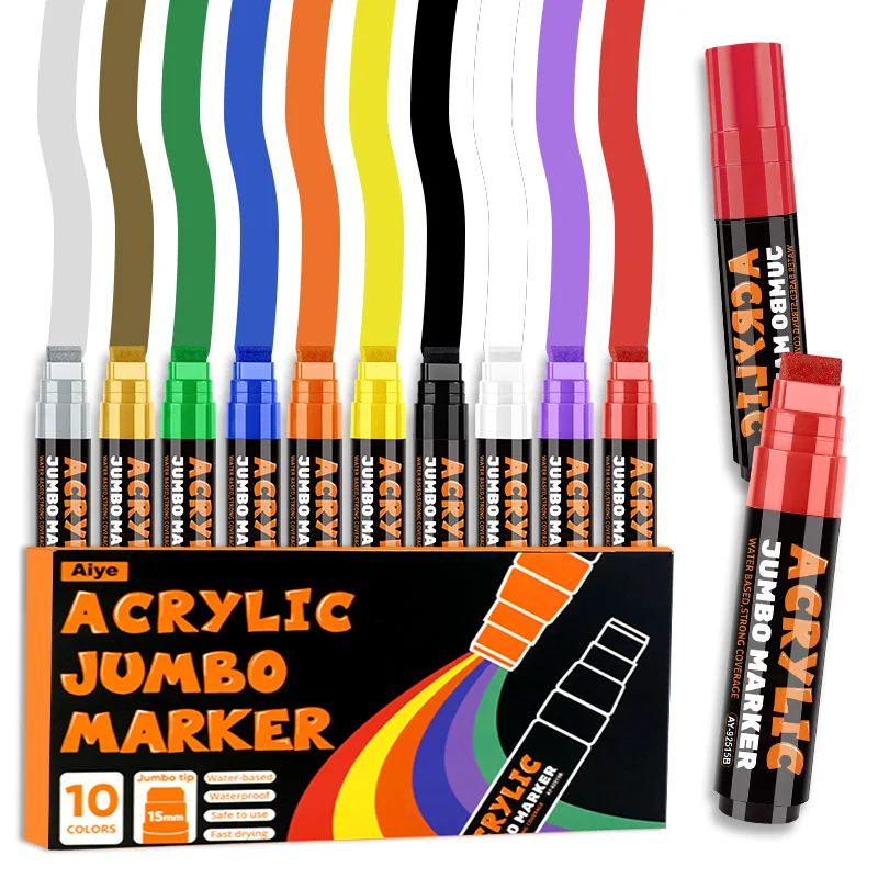 

10 Colors Jumbo Markers Set Large 15mm Wide Tip Permanent Ink Thick Acrylic Paint Pens for Graffiti, Paintings, Poster, Stone
