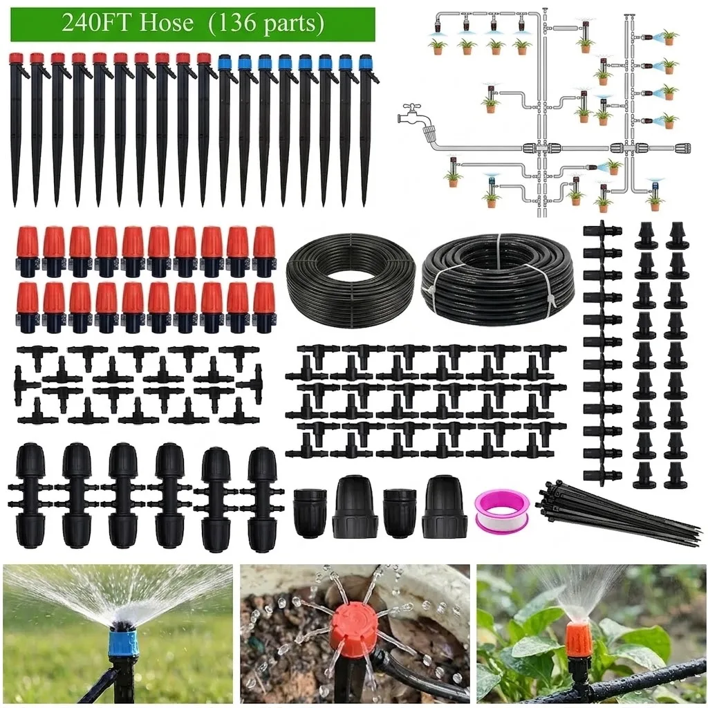 240FT Drip Irrigation System Kit for Garden Automatic Watering Misting System Greenhouse Yard Lawn Plant with 1/2 1/4 inch Hose