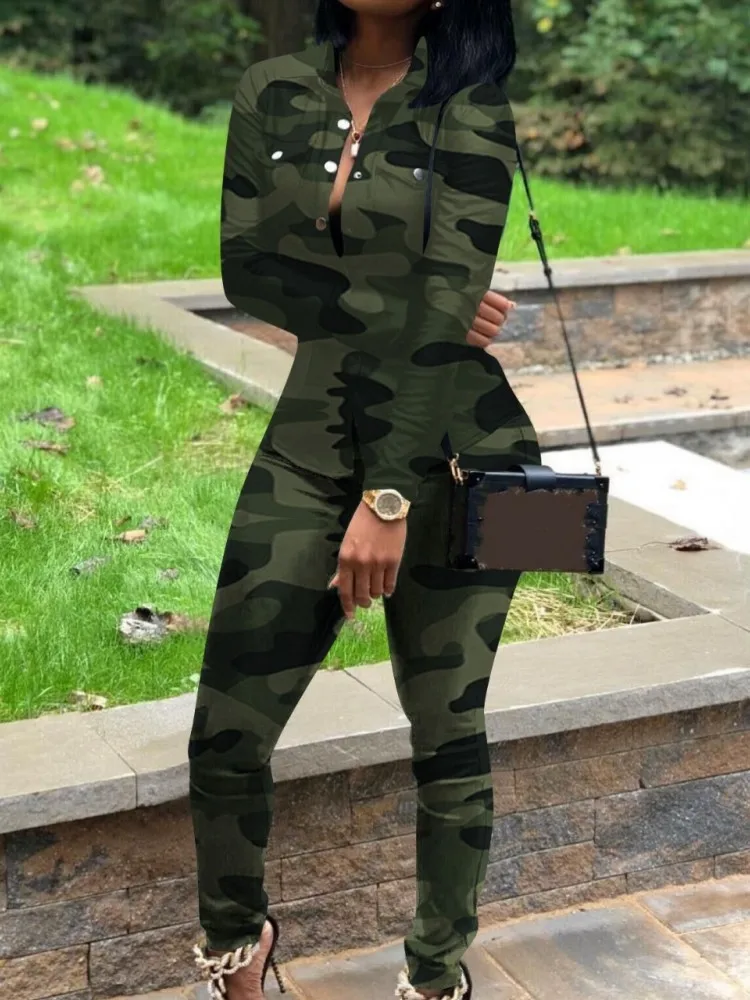 2 Piece Women Set Spring Camouflage Long Sleeve Shirt Blouse And Pants Suits Outfits Fashion Office Lady Matching Sets Outfit