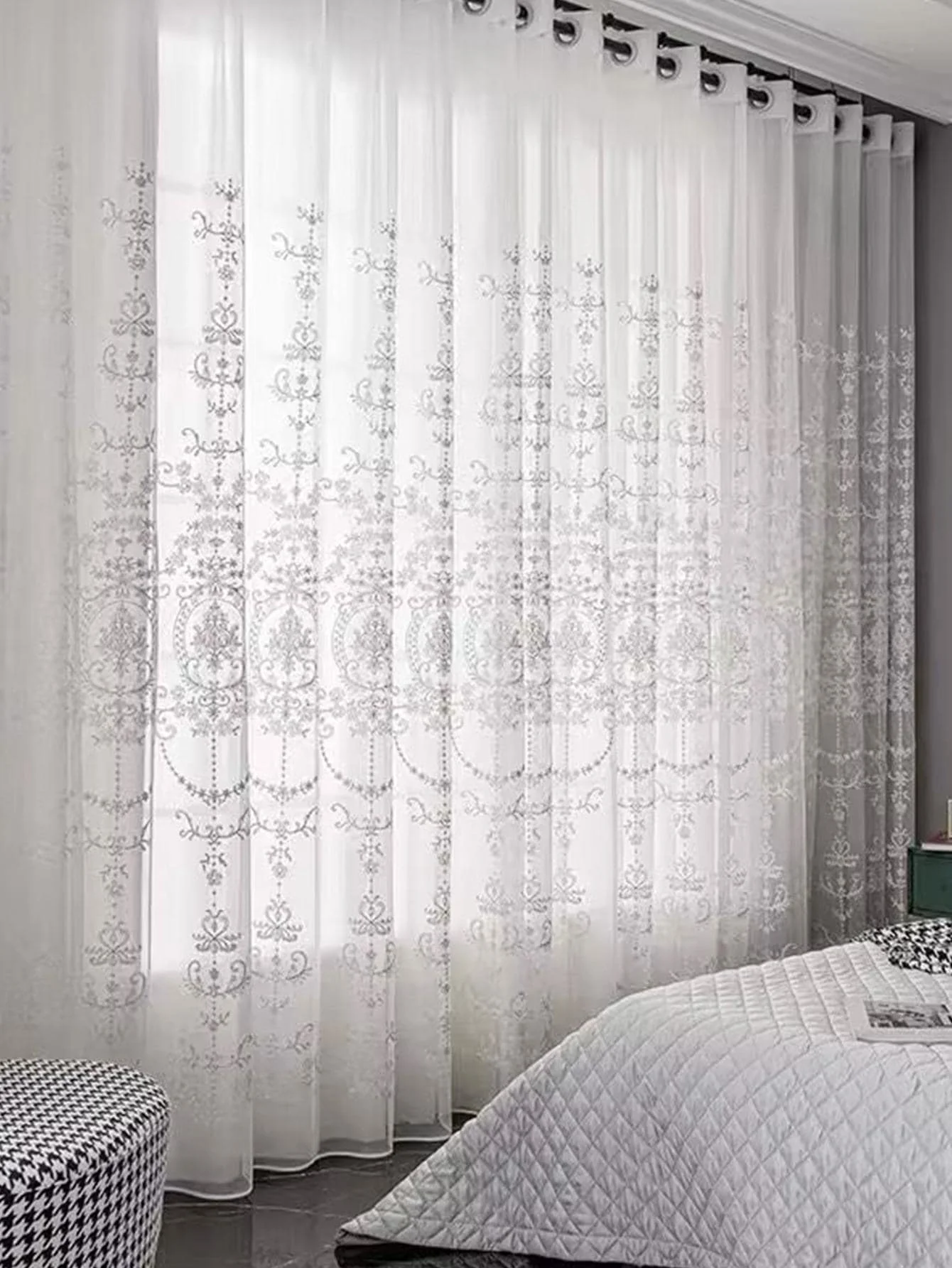 Sheer Curtains White Embroidered Floral Voile Drapes for Living room, Bedroom