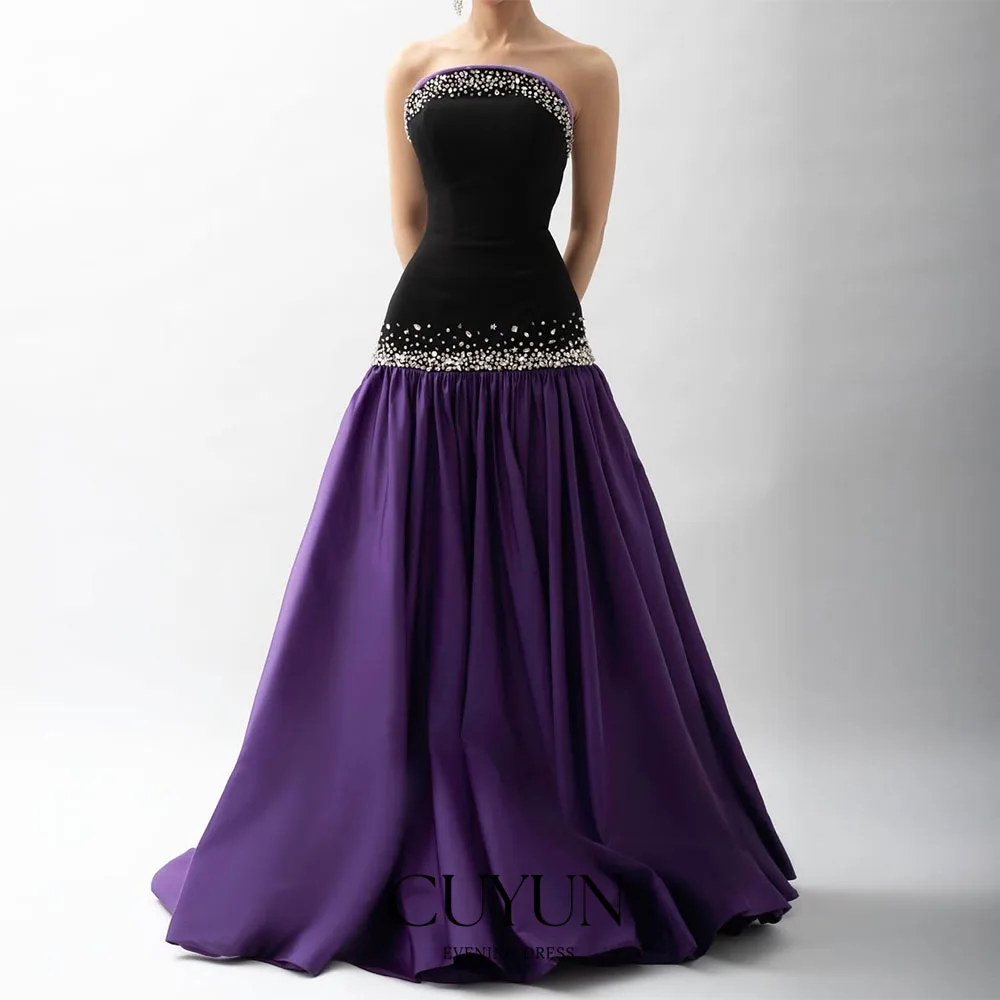 CUYUN Zwart en paars formele avondjurk met kralen op maat gemaakte A-lijn strapless lange galajurken patchwork feestjurken
