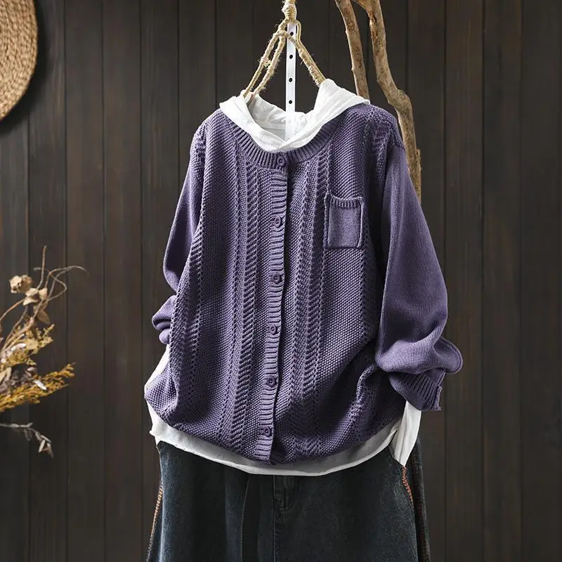 

Женские вязаные кардиганы с длинными рукавами, Новое поступление, осень 2023, простой стиль, с круглым вырезом, однотонные свободные женские повседневные свитера T789