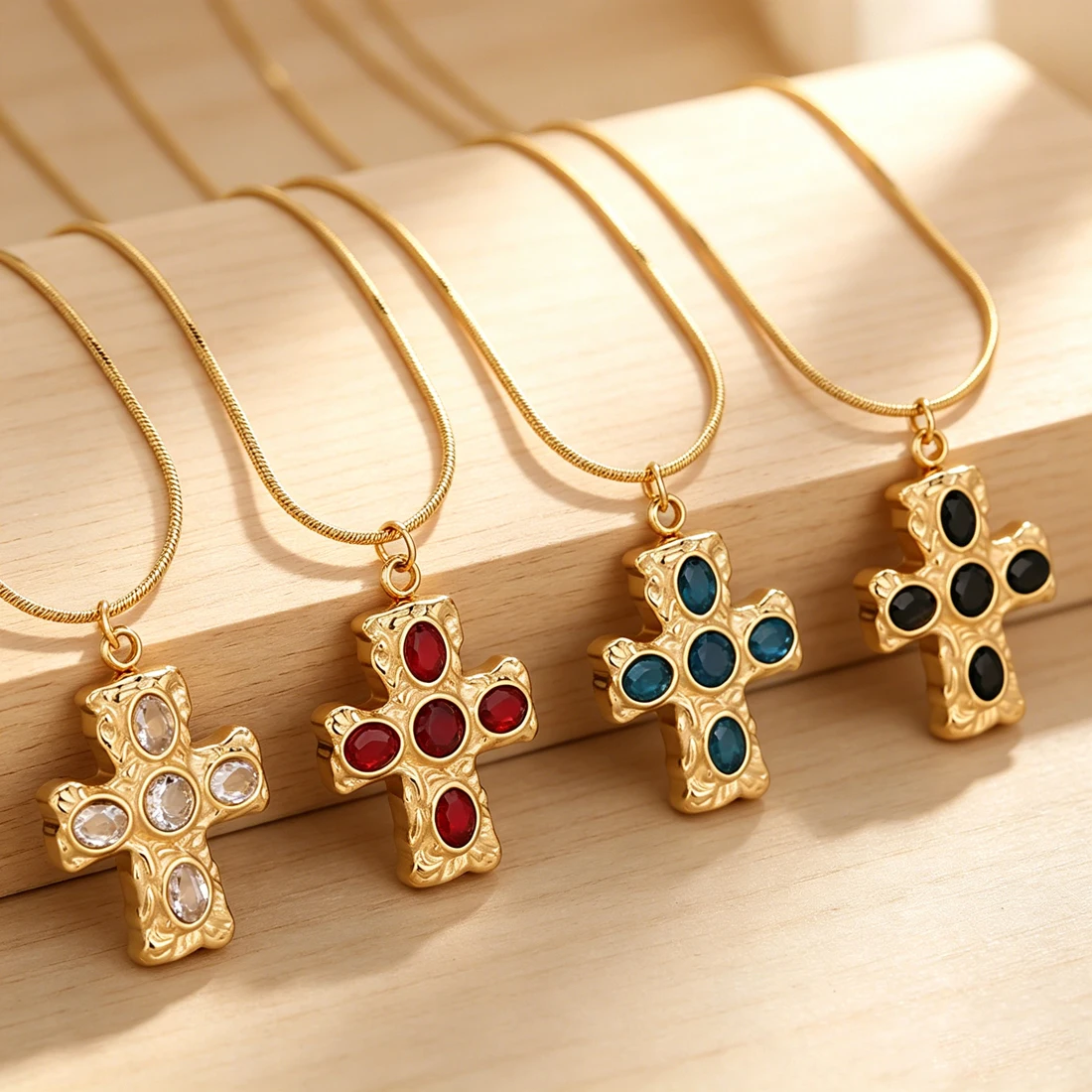 Vintage Embossed Cross Pendant Necklace Women Stainless Steel Multicolor Oval Crystal Thin Snake Chain Religious Jewelry Gift