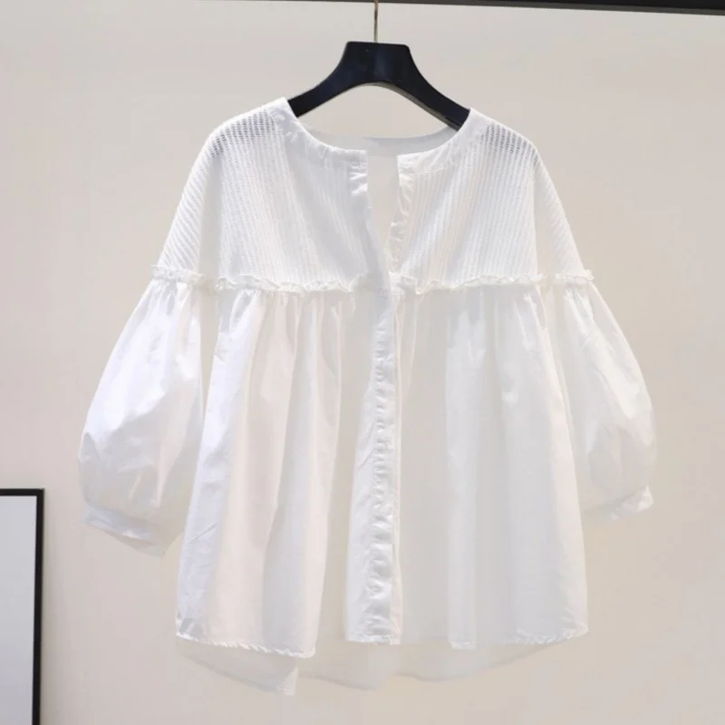 Korean Pink Lantern Sleeves Sweet Doll Shirt Summer Ear Edge Shirt Knitted Spliced Cotton Loose Women's Shirt