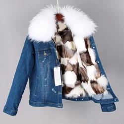 2026 MAOMAOKONG Parka Coat Women Natural Raccoon Fur Collar Jacket Real Fox Fur Liner Short Denim Jacket Fashion Bomber Winter