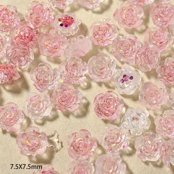100Pcs 6/8mm 3D Acrylic Resin Flowers Nail Charm Aurora Camellia Rhinestone Nail Jewelry Rose Polish Accessories Nail Decoration