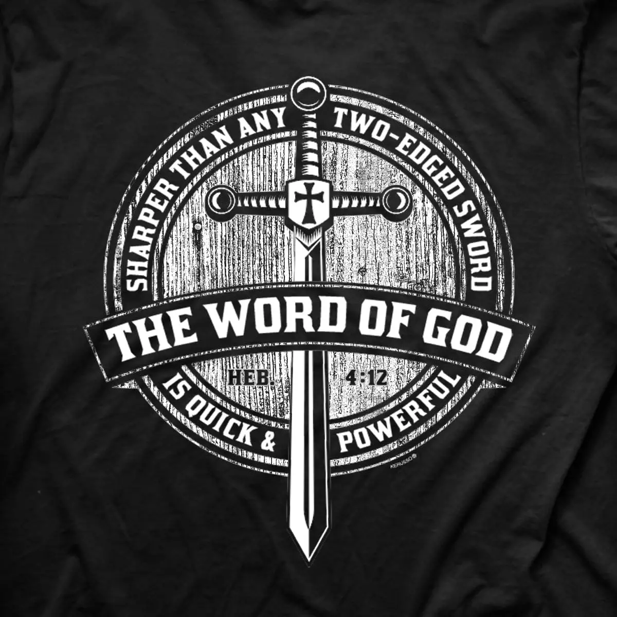 Kerusso The Word of God is Quick and Powerful Sharper Than Any Two-Edged Sword Cross Black Cotton Crew Neck T-Shirt, Small