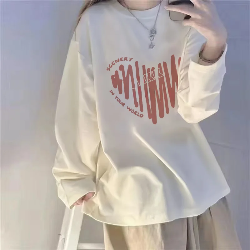 White T-shirt Cotton Loose Fleece-lined Bottoming Shirt Women Plus size Inner wear Slimming Long sleeve Top 2023 New Autumn 