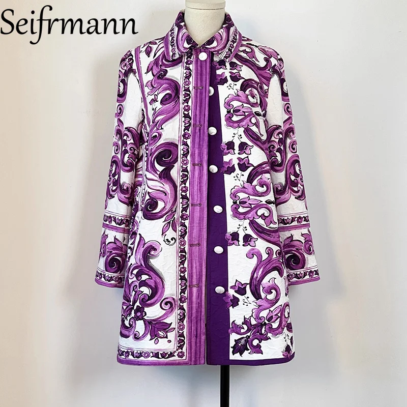 

Seifrmann 2025 Autumn New Arrivals Violet glazed long sleeved jacquard POLO collar single breasted mid length jacket