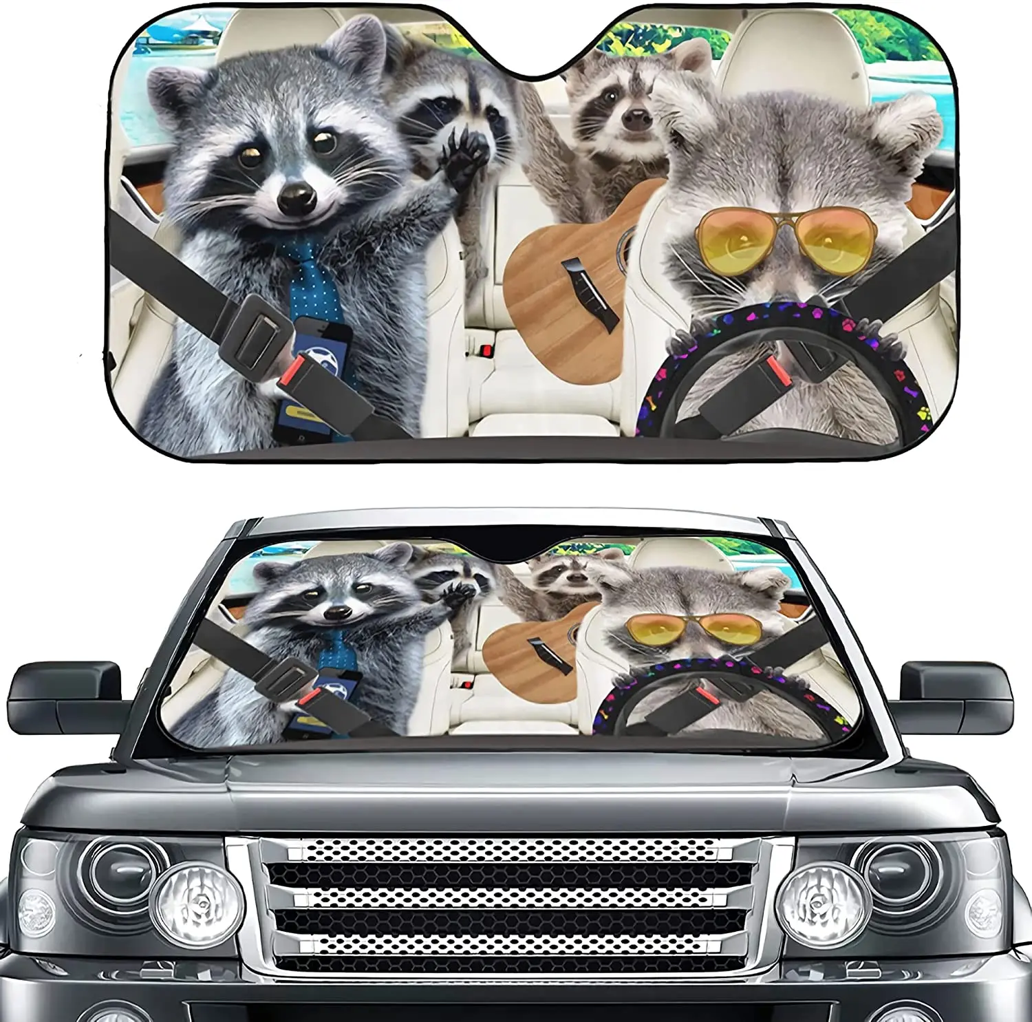 

Raccoon drive windshield sun shade Funny animals foldable car sun shade windshield reflective sunshade for most car, SUVs