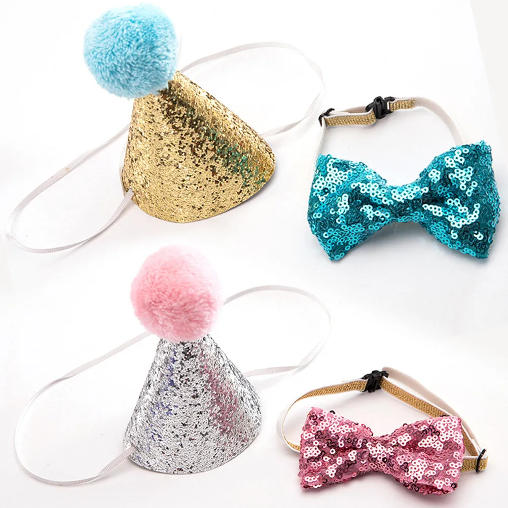 Dog Cat Birthday Hat Adjustable Chin Strap Pet Party Bowknot Cosplay Headwear Random Color Dog Birthday Hat with Bowknot