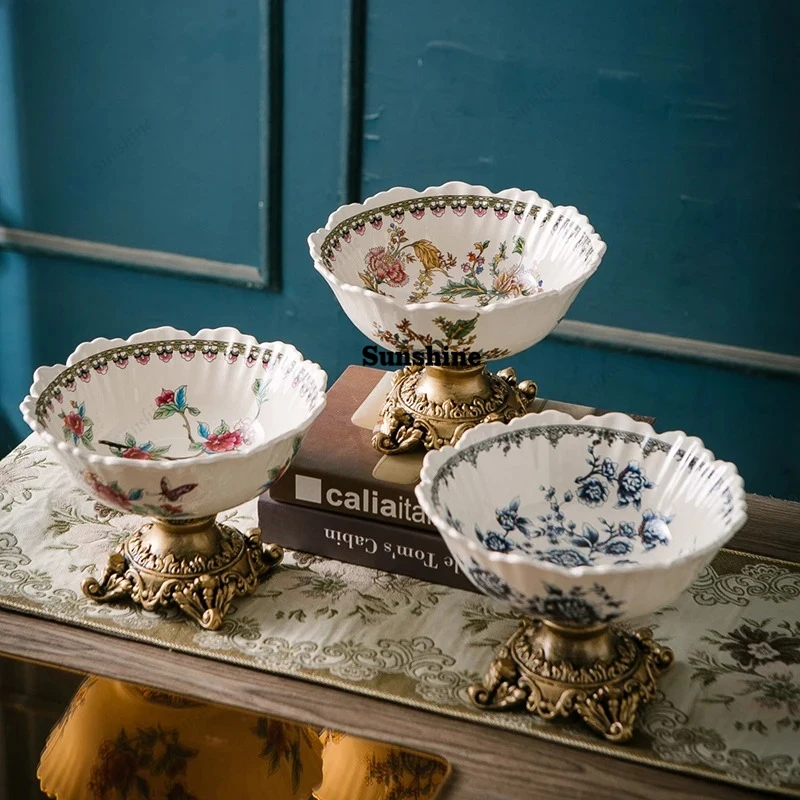 Classical Colorful Flower Pattern Fruit Bowl Storage Trays Snack Dessert Plate High Footed Fruits Plate Coffee Table Fruits Tray