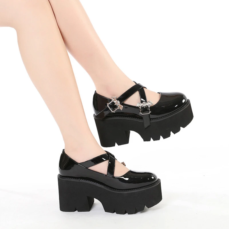 Black Gothic Platform Mary Jane Shoes for Women with Bat Buckle Chunky Heel Patent Leather Punk Cosplay Pumps Shoes Plus Size 43