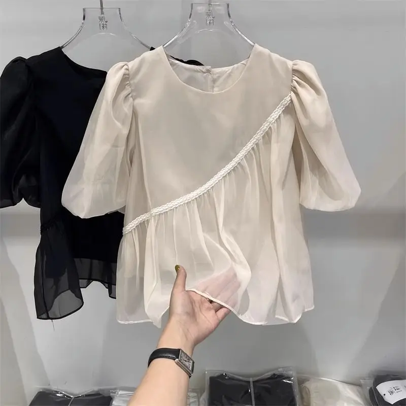 French minority puff sleeve loose top women's summer new western-style age-reducing shirt cover meat doll shirt chiffon shirt