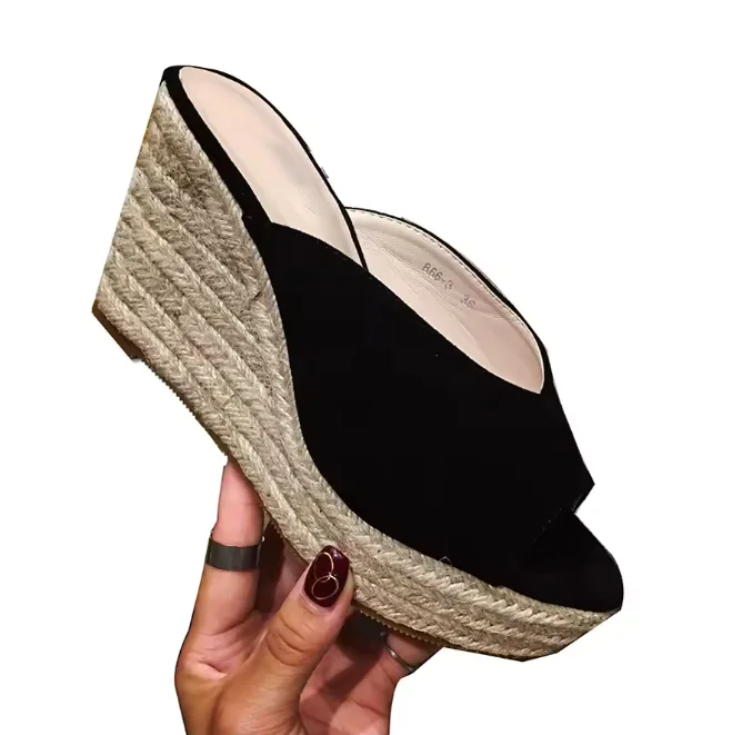 LIHUAMAO Tiny Size 32 Suede Women Wedge Slipper Rope Outsole Espadrilles Sandals Peep Toe Platform Casual Slip On Mule Shoes