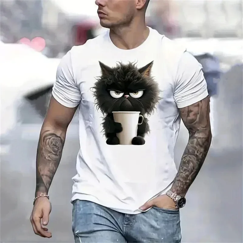Sommermode Katzen-Grafik-T-Shirt für Herren, 3D-Cartoon-Tier-Print-T-Shirts, Street Casual, Kurzarm, lockerer Rundhalsausschnitt