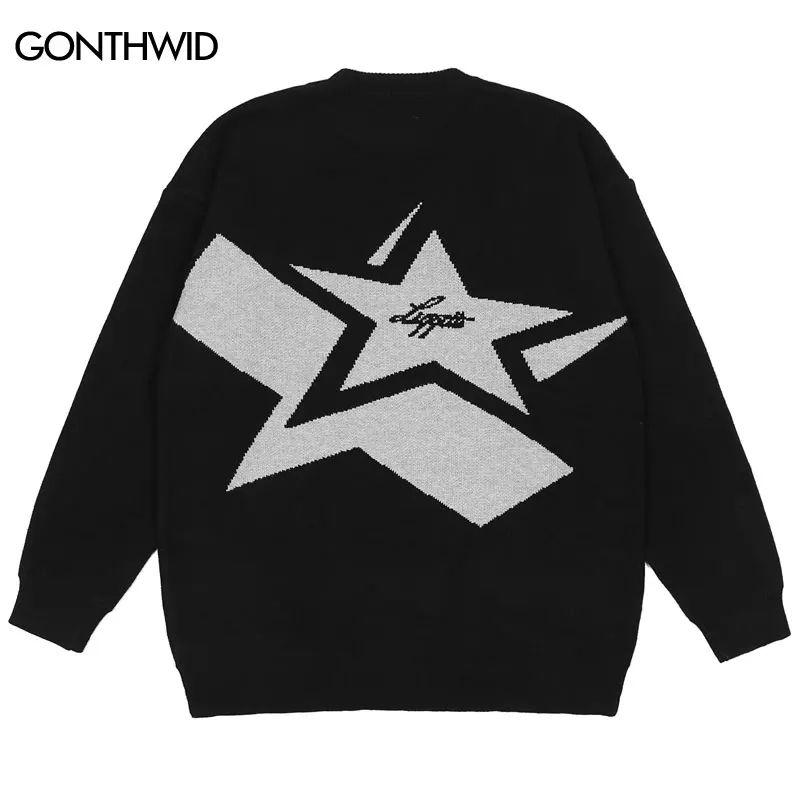 Vintage Knitted Sweater Y2K Men Retro Star Jumper Sweaters Streetwear 2024 Autumn Hip Hop Loose Pullover