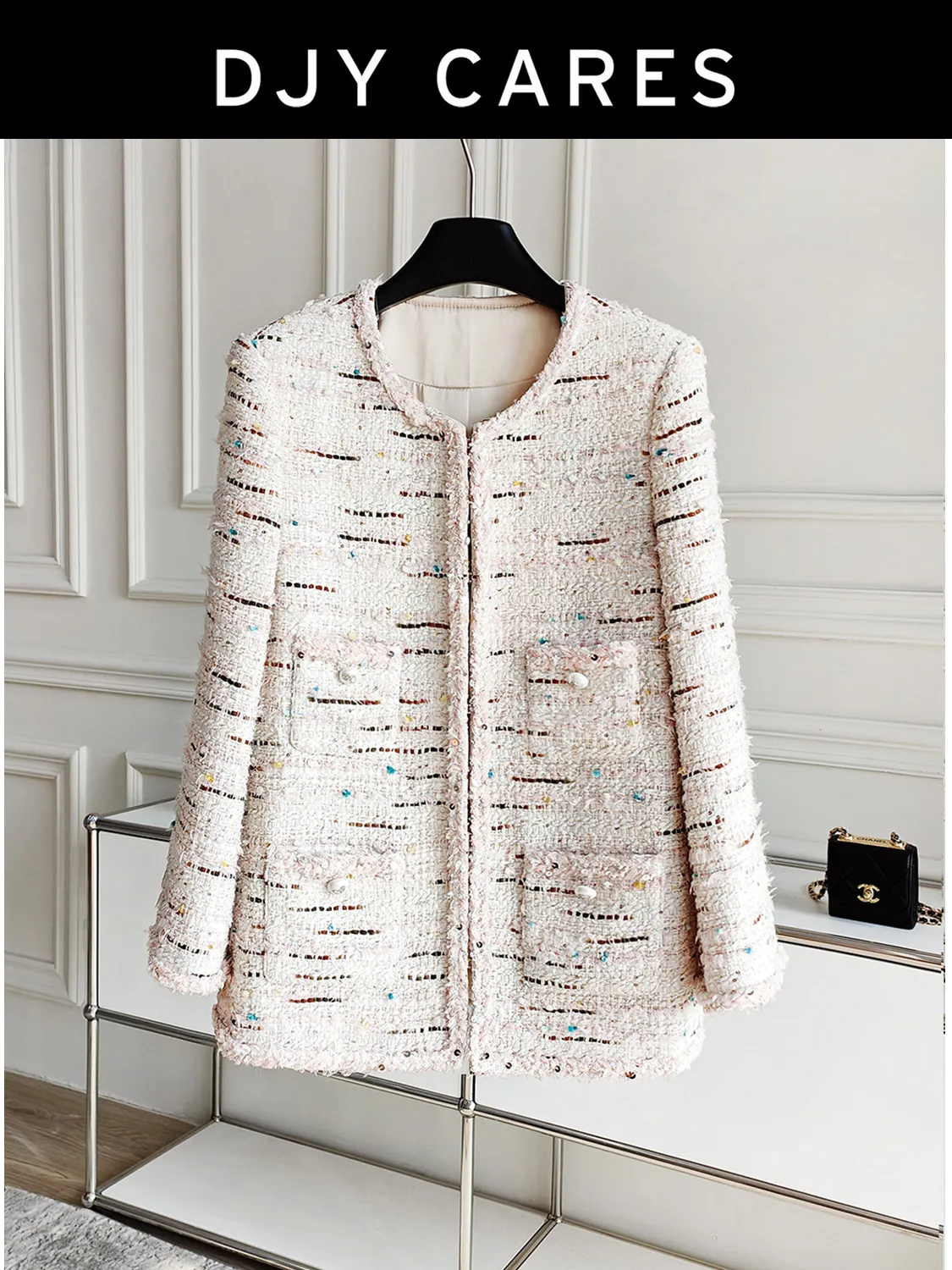 

New Exquisite striped light pink tweed jacket, gentle and intellectual top big size