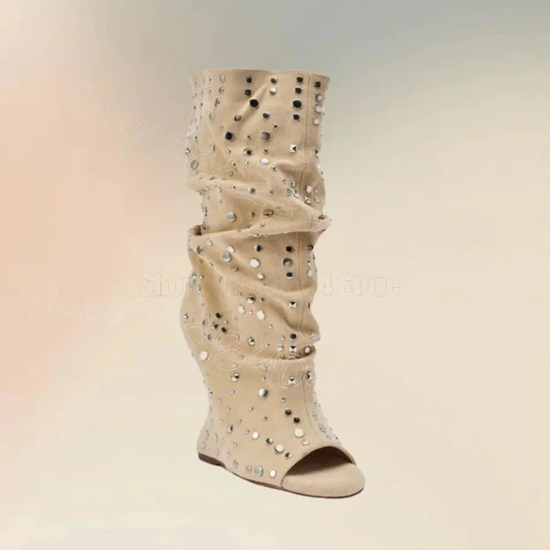 

Metal Rivets Beige Suede Strange Style Heels Boots Slip On Women Shoes Open Toe Fashion Party Banquet 2026 Zapatos Para Mujere