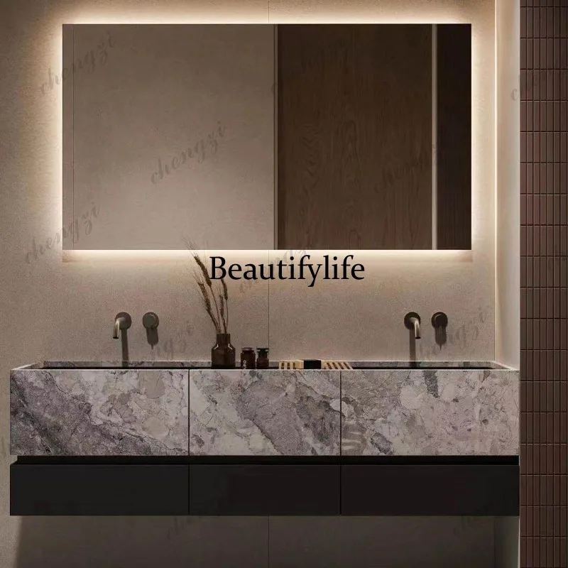 Japanese-style two-color solid wood oak hand wash cabinet Italian-style high-end hand wash cabinet custom basin