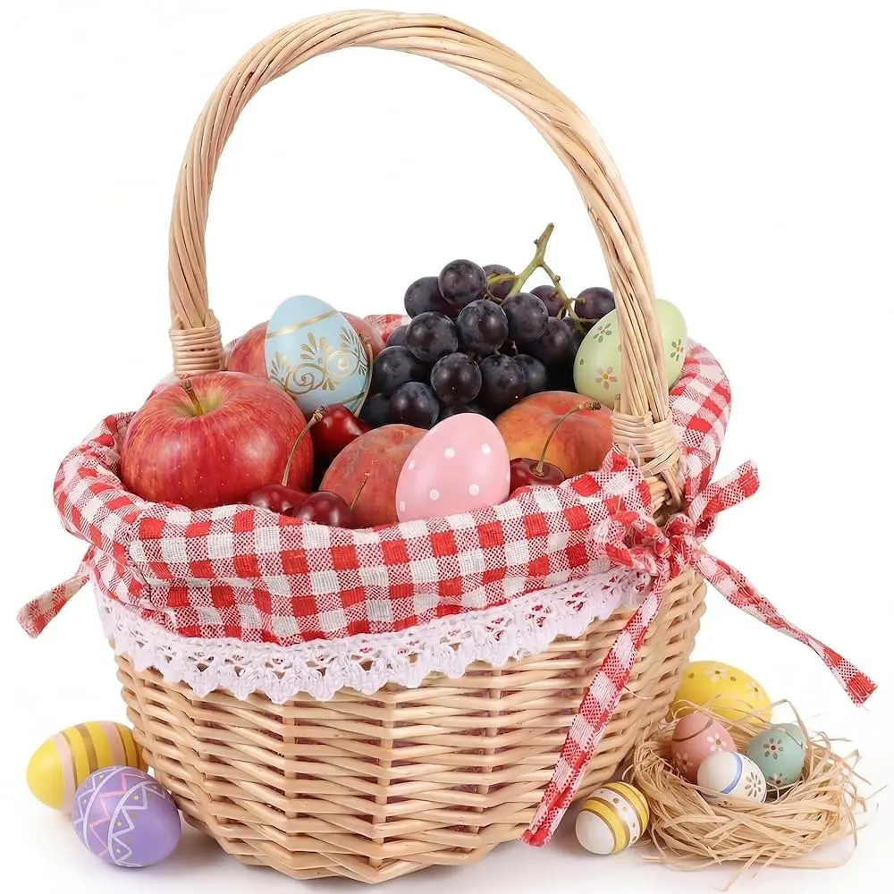 

Плетеная пасхальная корзина с ручкой, корзина для пикника из ивы ручной работы со съемным красным клетчатым вкладышем для детских весенних поисков яиц