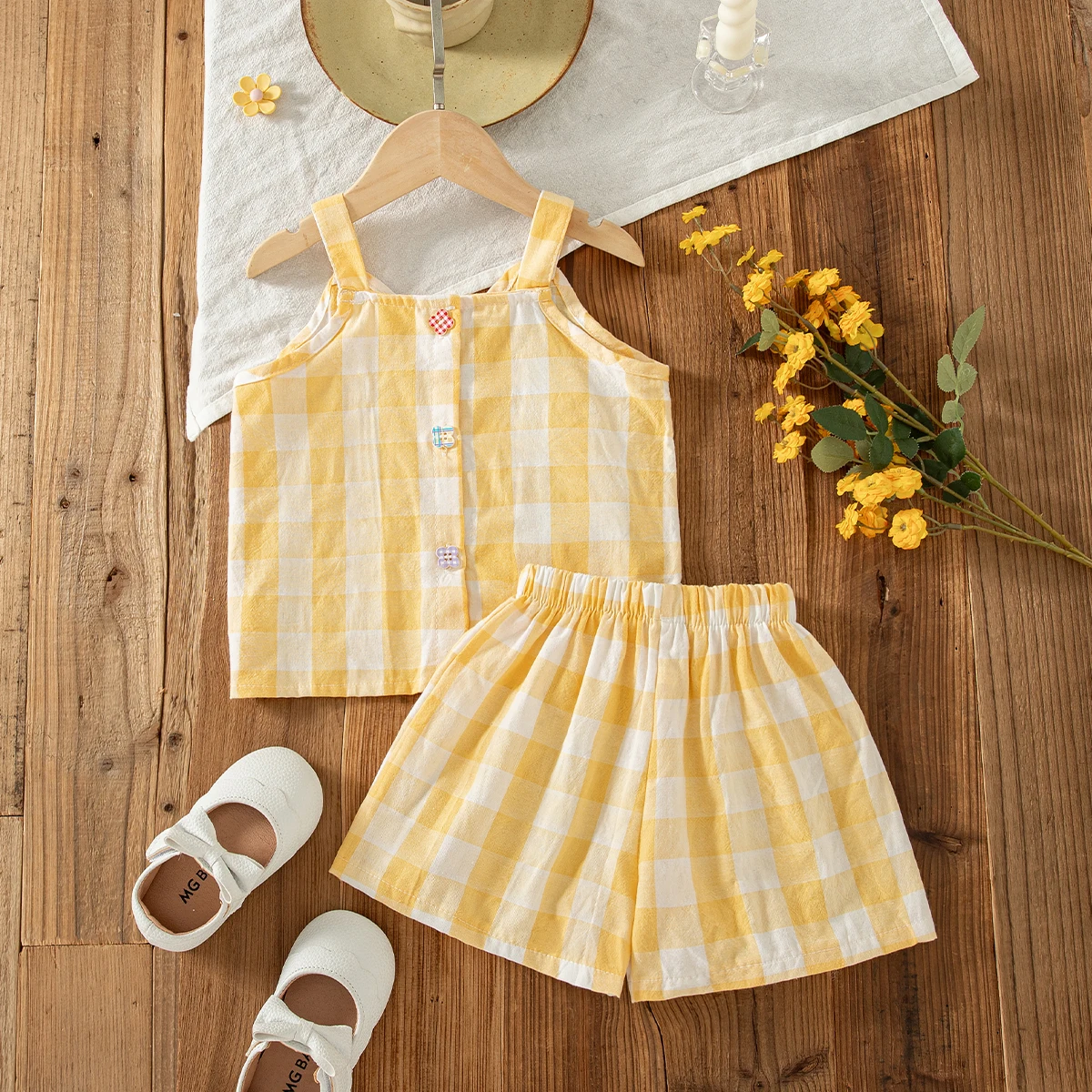 2pc/Set Girls' Outfit Set Summer Checkered Cotton Top And Shorts Baby Girl Clothing Cute Beach Baby Set