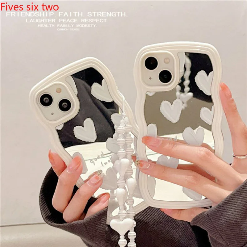 Lovely Case White Heart Makeup Mirror Korean Case For Apple iPhone 15 Pro Max 14Plus 13 12 11 XS X XR Soft Cover Bracelets Chain