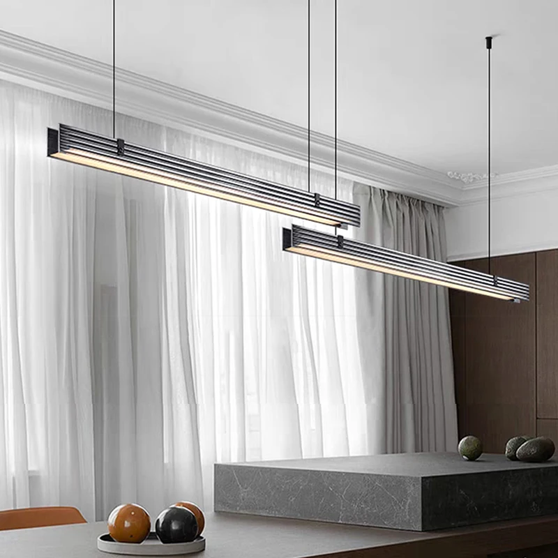 minimal black strip teto led lustres modern room glass iluminacao aluminio dimmable pendurado lampadas mesa de jantar 01