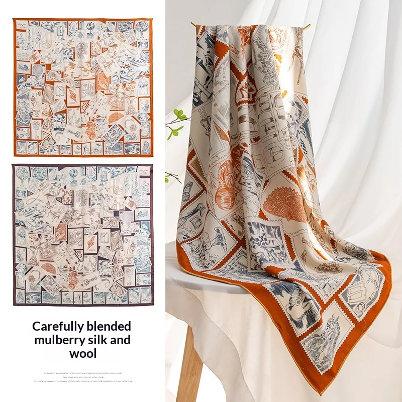 

Шелково-шерстяной шарф, легкий люксовый высококачественный двусторонний шарф ручной работы, филателистический оранжевый шарф с окантовкой, большой квадратный шарф в подарочной коробке.