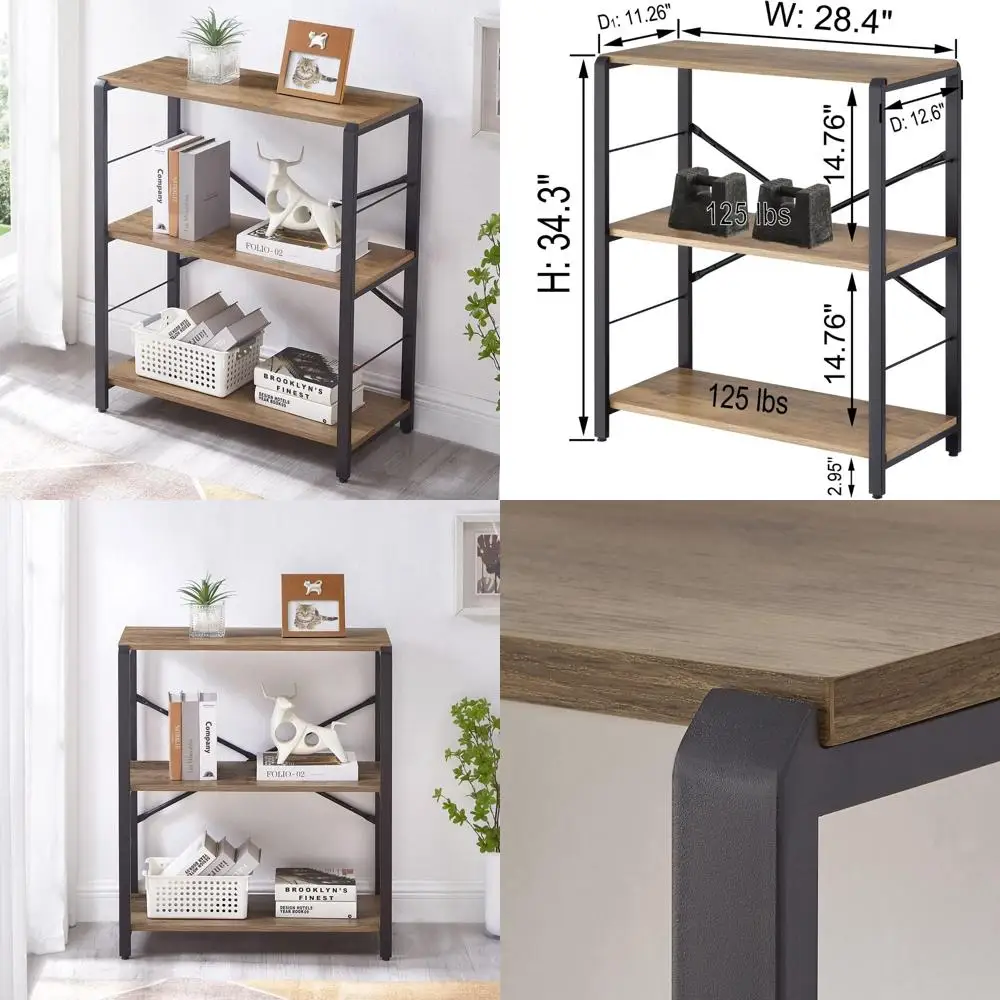 رف كتب ريفي خشبي ومعدني من 3 طبقات للمساحات الصغيرة، لمسة نهائية من خشب البلوط، وحدة رفوف مفتوحة #1