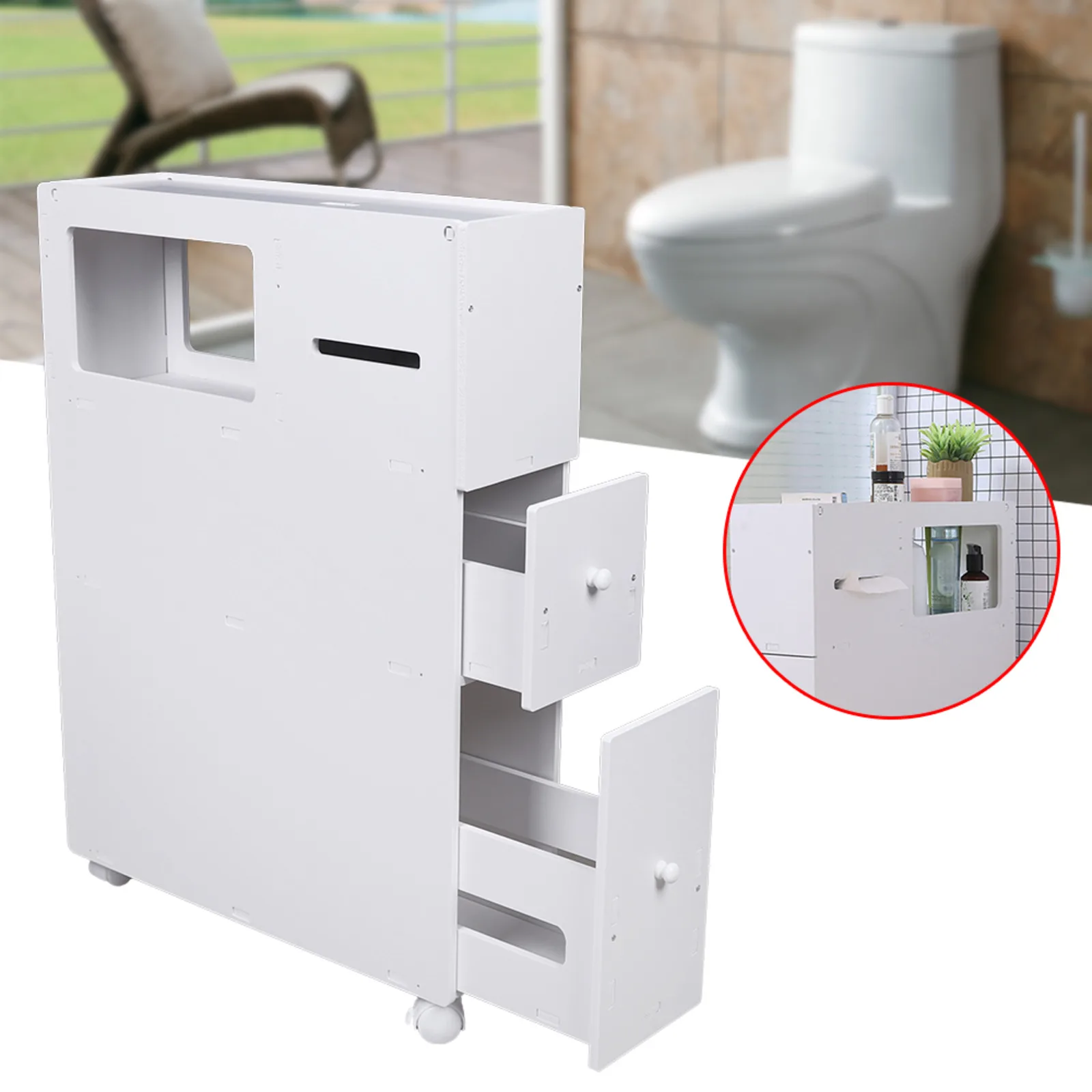 

White Slim Bathroom Cupboard Cabinet Floor Standing Storage Shelf Toilet